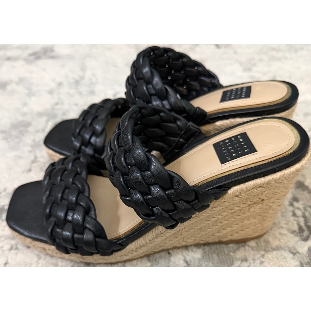 White House Black Market Black Braided Espadrille Wedge Sandals Square Toe 6M